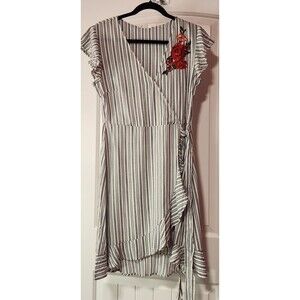 MINE Med Faux Wrap Ruffle Dress Embroidered Floral Accent Navy White Stripe NWT